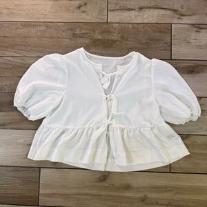 White Puff Sleeve Tie Front Peplum Top (Size M)